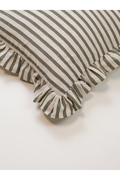 Galia Tasarım Terra Stripe Pop - Μποέμικο λινό ριγέ κάλυμμα μαξιλαριού με βολάν - Ανθρακίτη