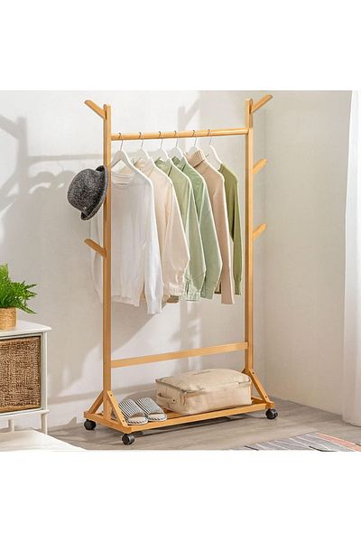 Quasar & Co. Hallway hanger, Quasar & Co.®, with wheels, suitable for clothes/shoes, bamboo, 80x35x155 cm, natural