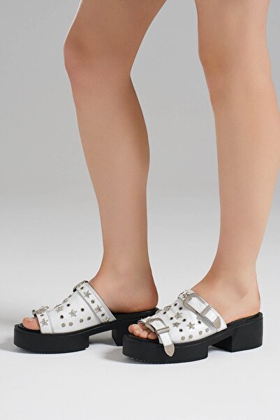 tw3 Women's Genuine Leather Belt Detailed Design Slippers