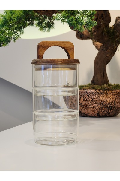 ZBERN 3 Katlı Akasya Kapaklı Kahvaltılık/ Çerezlik Cam Saklama Kabı