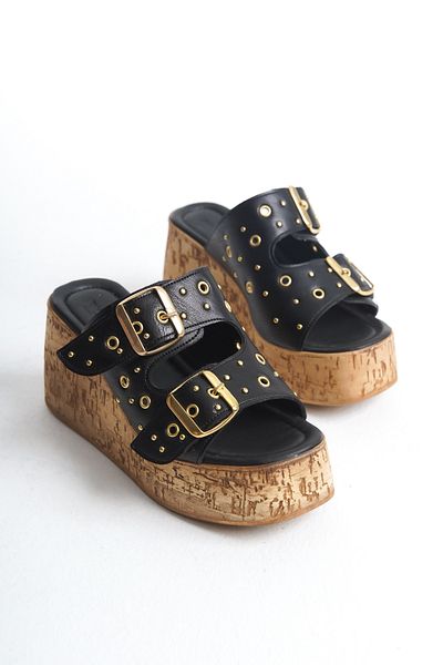bolemo Black Trock Women's Wedge Heel Slippers