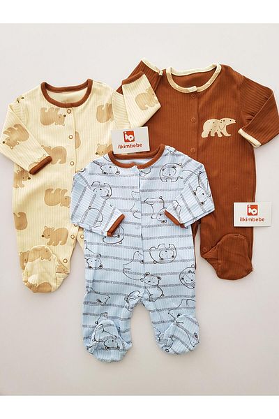 ilkimbebe Polar Bear Patterned 3-Piece Baby Rompers