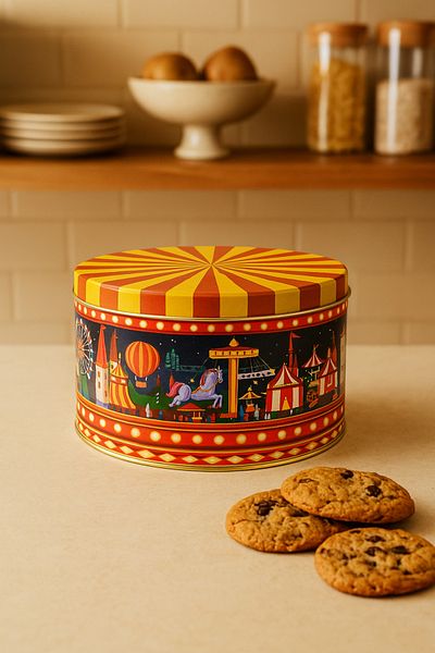Arma House Amusement Park Themed Metal Cookie Storage Container Round Metal Box 19*9 cm