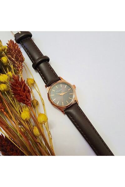 Marlas Retro Kadın Kol Saati, Vintage Minimal, Rose Gold Renk, Çizgili Kadran, Koyukahverengi Kordon