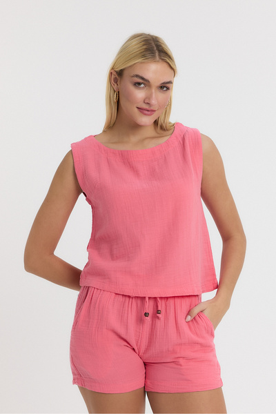 TCT TEKSTİL Women's Blouse - Muslin Trimmed Zero Sleeve - Crop - 1040