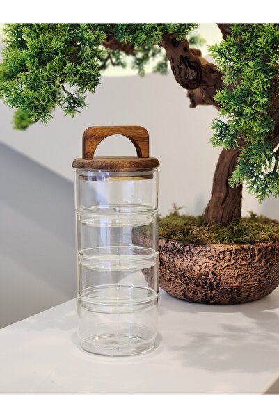 ZBERN 4 Katlı Akasya Kapaklı Kahvaltılık/ Çerezlik Cam Saklama Kabı