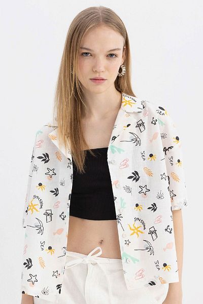 DeFacto Cămașă din bumbac cu mânecă scurtă, cu guler de pijama cu model supradimensionat - A6863AX24SM