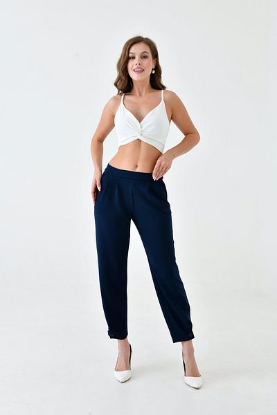 ubmbutik Women's Trousers - Buttoned Legs - Elastic Back Waist - Straight Front Belt - Crepe Fabric - Comfortable Fit Trousers