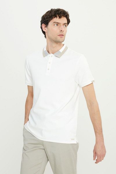 ALTINYILDIZ CLASSICS Βαμβακερό Slim Fit Slim Fit Polo γιακά ελαστικό λευκό μπλουζάκι COE091252324