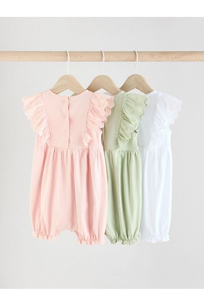 Next Baby 100% Cotton Sage Green Lace Detailed 3-Piece Romper Set