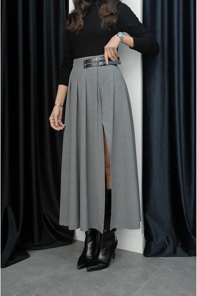 My Blog Gray Two Belt Slit Skirt - 251016