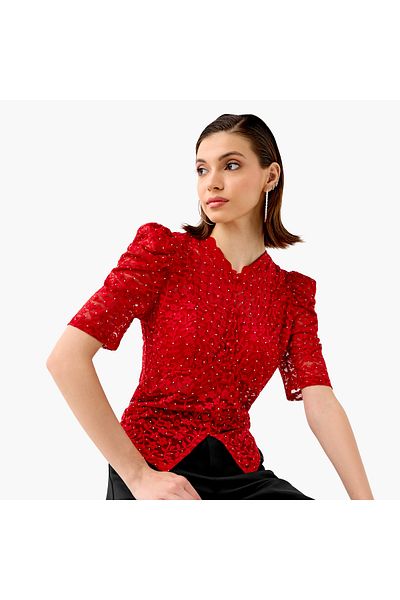 2Xtremz Flower Lace Sheer Top with Button Closure and Puff Sleeves