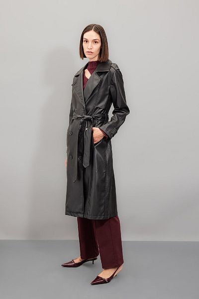 DeFacto Wasserabweisender Trenchcoat aus Kunstleder – zweireihiges Revers, Knopfgürtel, Tasche A7960ax24au