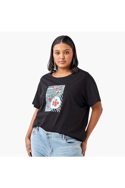 Ulla Popken Plus Size Ulla Popken Cherry Print Round Neck T-shirt with Short Sleeves