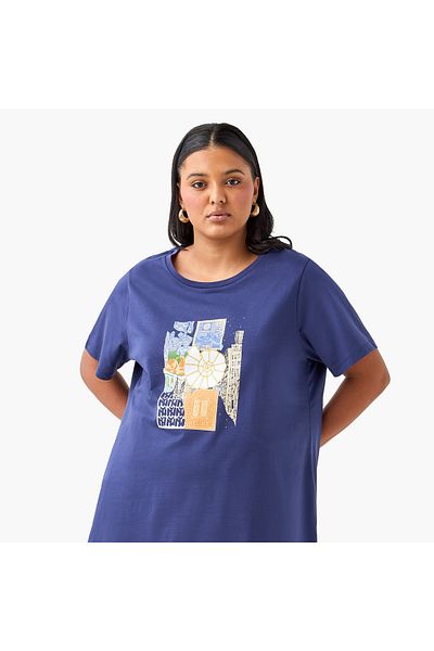 Ulla Popken Plus Size Ulla Popken Graphic Print T-shirt with Short Sleeves and Round Neck