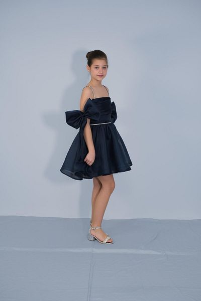 NIGHT SEARCHER Βραδινό φόρεμα για κορίτσια Navy Blue Chiffon Sliver Stone λουράκι μανίκια Χαμηλό φιόγκο Λεπτομερές κοντό βραδινό φόρεμα 10-15