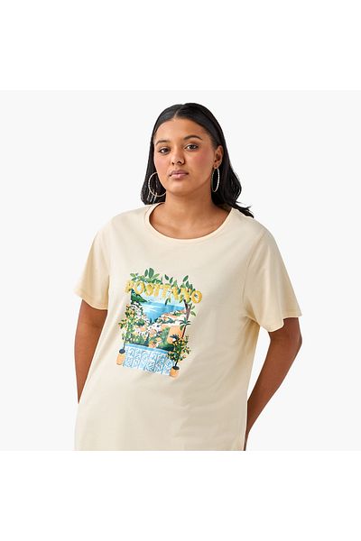 Ulla Popken Plus Size Ulla Popken Landscape Print Round Neck T-shirt with Short Sleeves