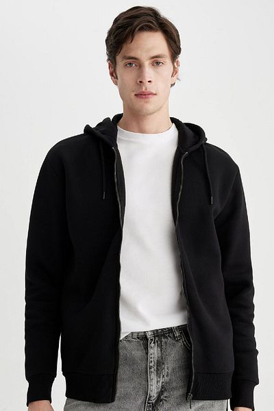 DeFacto Schwarzes Sweatshirt mit Kapuze und Reißverschluss, reguläre Passform – C4806ax23wn