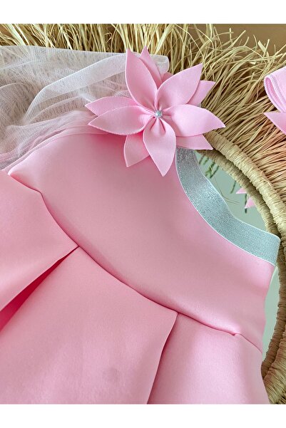 EBRU ÖZÖRGÜCÜ Kız çocuk tek kolu tül pembe çiçekli elbise ve bandana