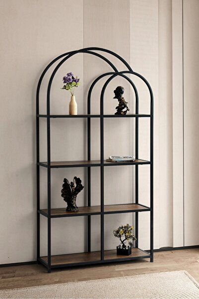 Evistro EVA Dekoratif Büyük Duvar Rafı Kitaplık 4 Katlı Siyah-Ceviz Kurulu Gö...