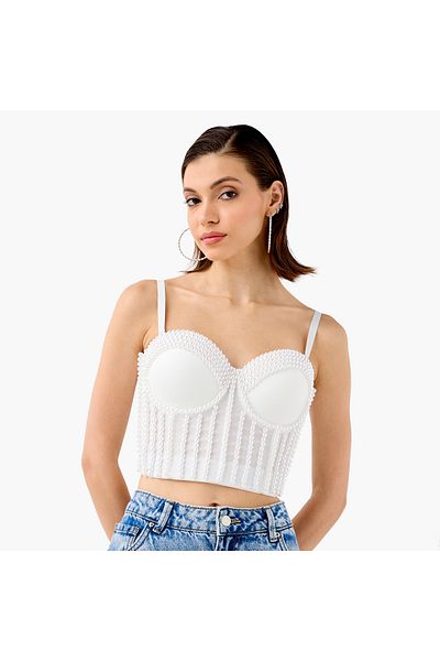 2Xtremz Pearl Embellished Strappy Crop Top