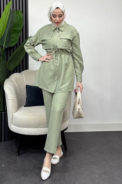 Tesettür Diyarı Mint Green Women's Double Pocket Zippered Double Suit