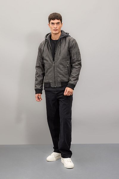 DeFacto Παλτό από συνθετικό δέρμα Water Repellent Slim Fit - Αποσπώμενη κουκούλα, με τσέπη με φερμουάρ N9682az24wn