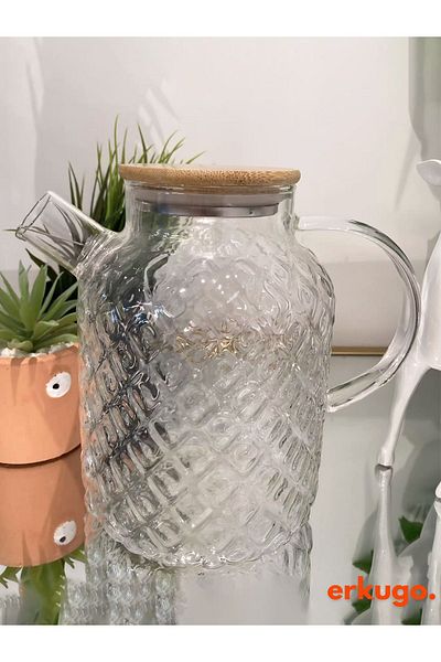 ERKUGO Heat Resistant Vacuum Bamboo and Borosilicate Glass Teapot with Strainer (1800 ml) Pineapplejug