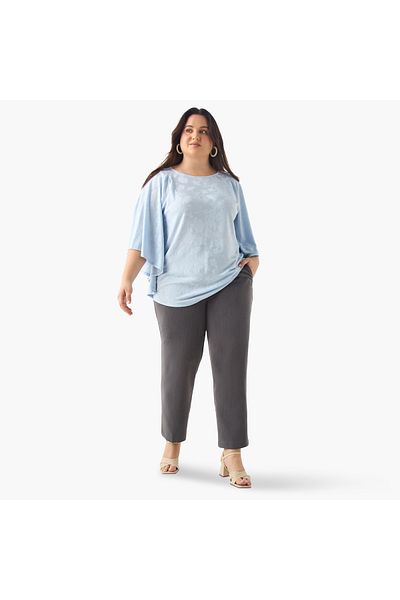 Ulla Popken Plus Size Ulla Popken Textured Top with Round Neck and 3/4 Sleeves
