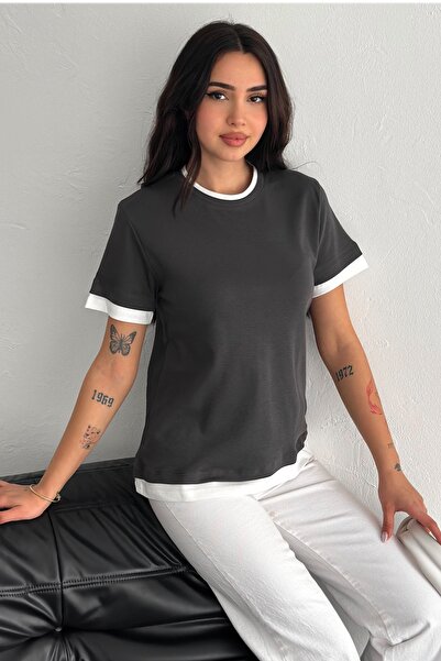 FEMELLE Women's Anthracite Round Neck Stripe Detailed 100% Cotton T-Shirt