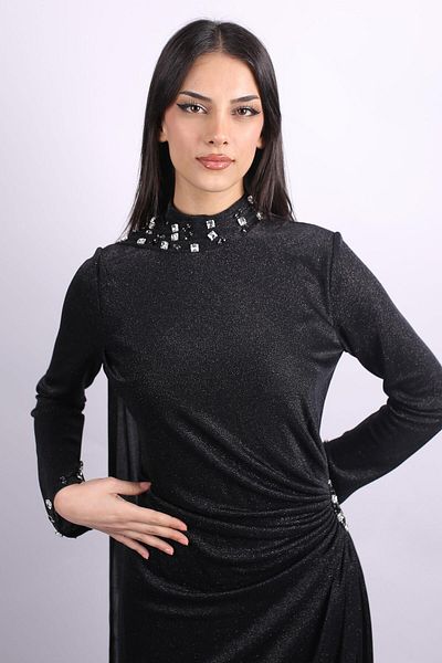 SpringStore Black Judge Collar Waist Draped Glittery Hijab Evening Dress