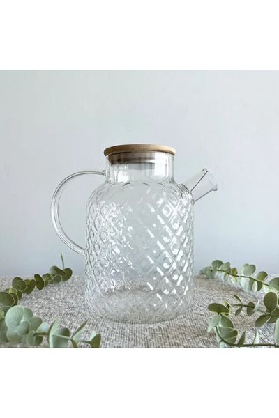 ERKUGO Heat Resistant Vacuum Bamboo and Borosilicate Glass Teapot with Strainer (1800 ml) Pineapplejug