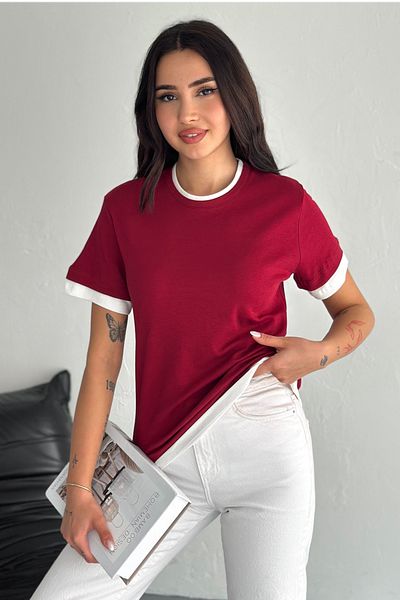 FEMELLE Tricou roșu pentru femei, 100% bumbac, cu decolteu rotund