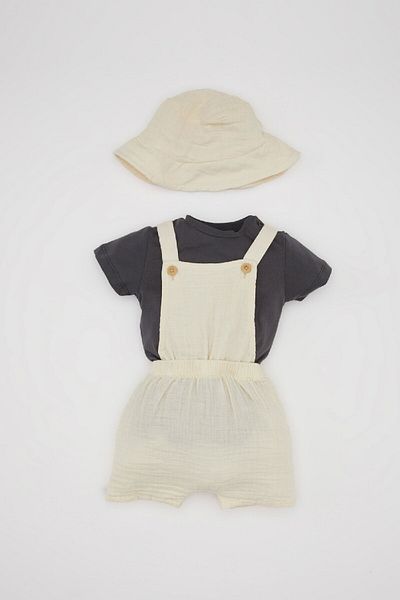 DeFacto 3-Piece Muslin Set for Baby Boy - Short Sleeve T-Shirt, Salopet and Hat C4362A524Sm