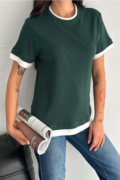 FEMELLE Tricou de damă kaki cu gât rotund, 100% bumbac, cu detaliu de dungi