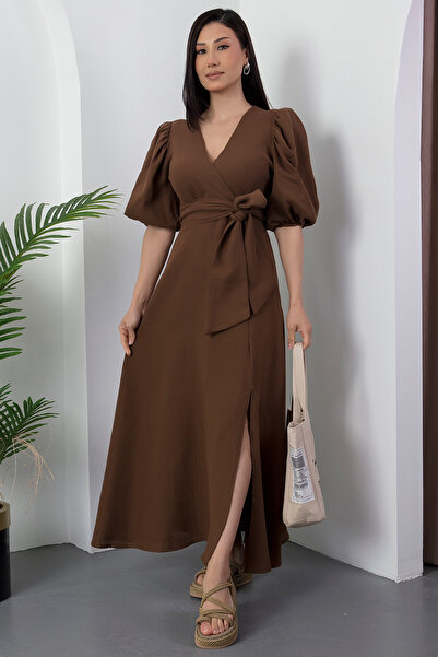 PULLIMM Kruvaze Yaka Yırtmaçlı Bağlamalı Keten Elbise NY4558