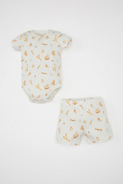 DeFacto Safari Printed Ribbed Body and Shorts Set for Baby Boy - C4354A524Sm