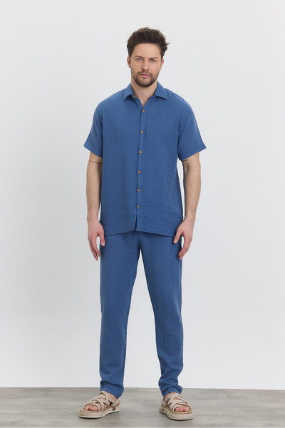 KURULAR RİZE BEZLERİ Чоловіча сорочка - Сорочка з коротким рукавом і мусліновим коміром - 4040