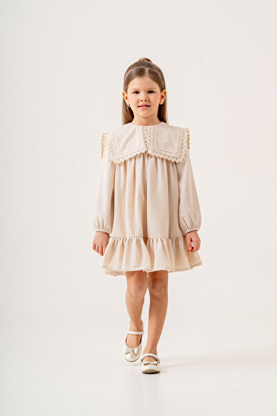 Gocoland Yaka Detaylı Fistolu ve Astarlı Kız Çocuk Keten Elbise