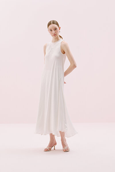 Roman Yırtmaçlı Maksi Boy Saten Tunik Ekru Y2413315_049
