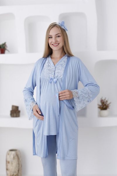 LOHOUSE Set de pijamale de maternitate pentru femei, albastru, cu design din dantela, 3 piese