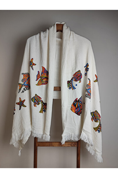 renyona %100 Pamuk Buldan Müslin Balık Desenli Peştemal 100x180 cm – Hızlı Ku...