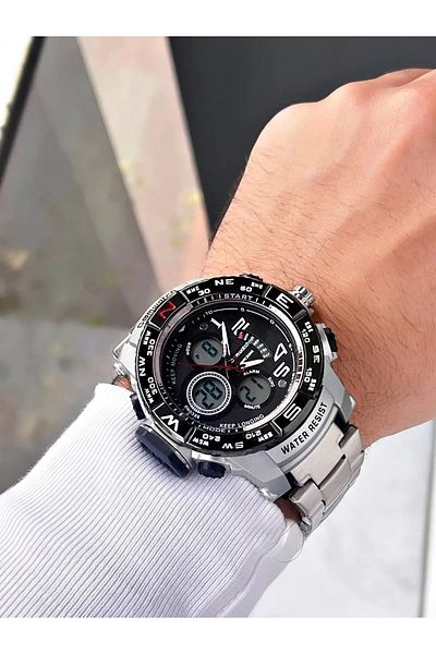 Comwatch Steel Strap Men's Wristwatch Digital Analog Display 3 Years Battery Life Silver Gray Black