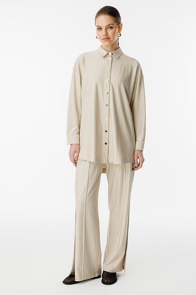 Ghisa Leg Detailed Suit Beige Striped