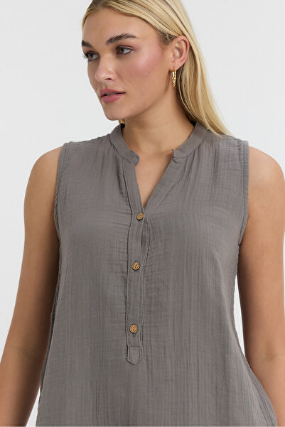TCT TEKSTİL Women's Blouse - Muslin Judge Collar Half Placket Sleeveless Blouse -1070