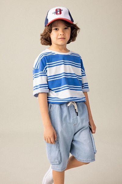 DeFacto Tricou cu mânecă scurtă în dungi pentru băiat, cu croială supradimensionată, cu decolteu, C4047A824SM