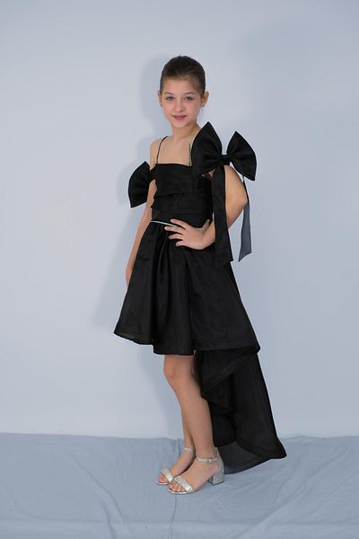 NIGHT SEARCHER Girl's Evening Dress Black Chiffon Sleeves Low Bow Detail Tailed Evening Dress 10-15 Years