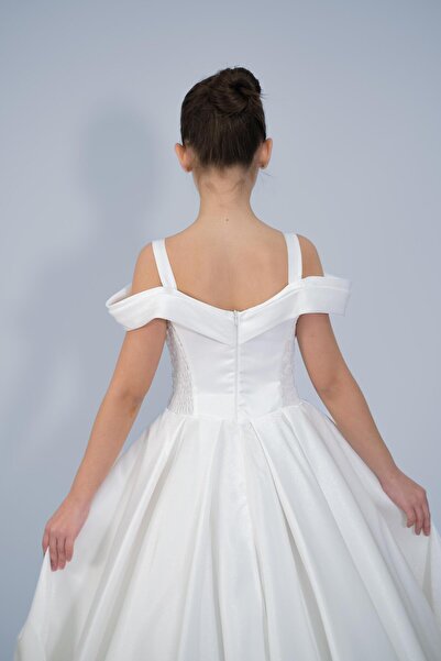 NIGHT SEARCHER Kız Çocuk Abiye Krem Askılı Düşük Omuzlu Payetli  Sunsihe Kumaş Kasnaklı Gelinlik 2-11 Yaş