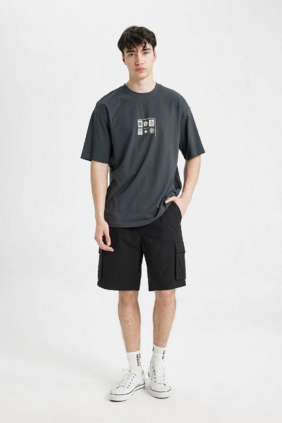 DeFacto Comfort Regular Fit Άνετη εφαρμογή Crew λαιμόκοψη πίσω εμπριμέ κοντομάνικο μπλουζάκι C4085ax24sm