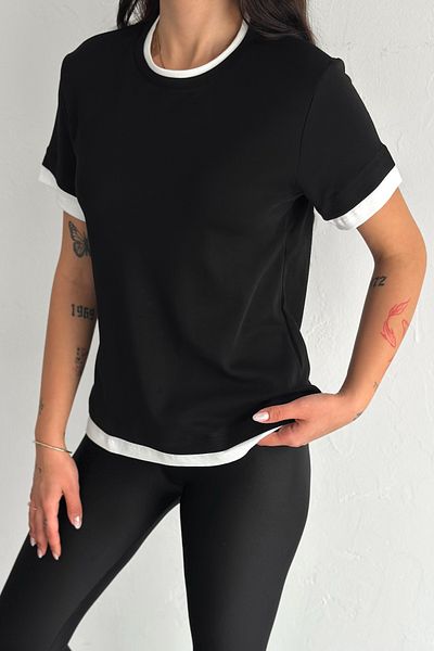 FEMELLE Tricou negru de damă, 100% bumbac, cu decolteu rotund, cu detaliu de panglică